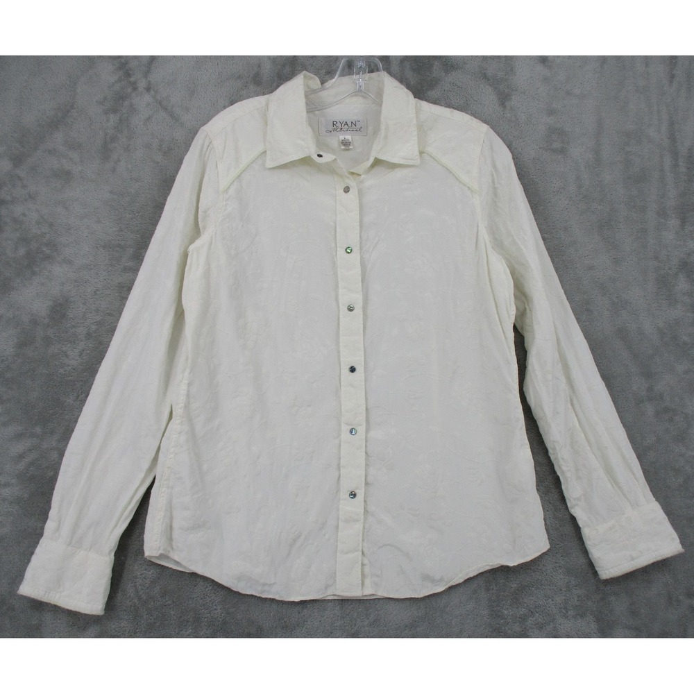 Ryan Michael Shirt Womens Large Silk‎ Embroidered Western Floral Pearl Snap Boho
